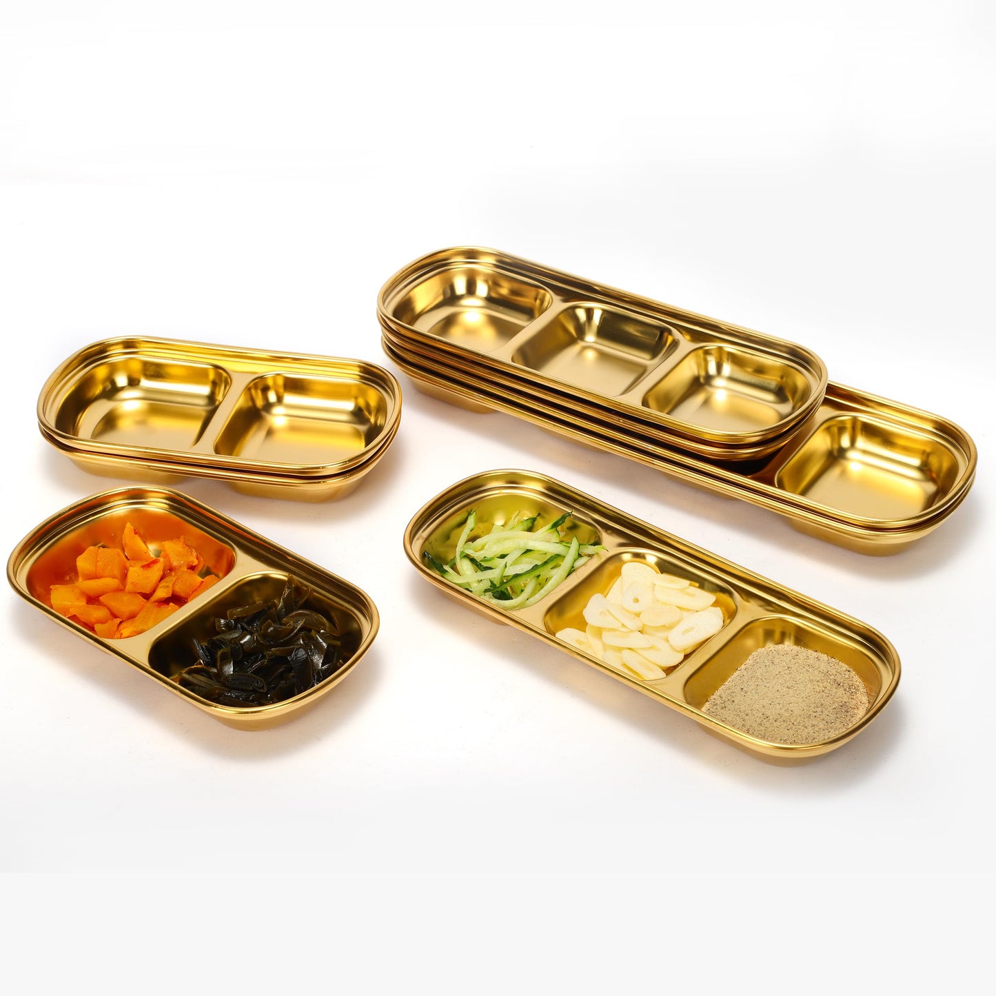 drizzle 3PCS Sauce Dish Stainless Steel Gold Soy Tomato Sauce Salt Vinegar Sugar Spices Flavor Condiment Dip Bowls Korean BBQ Home Kitchen Plates