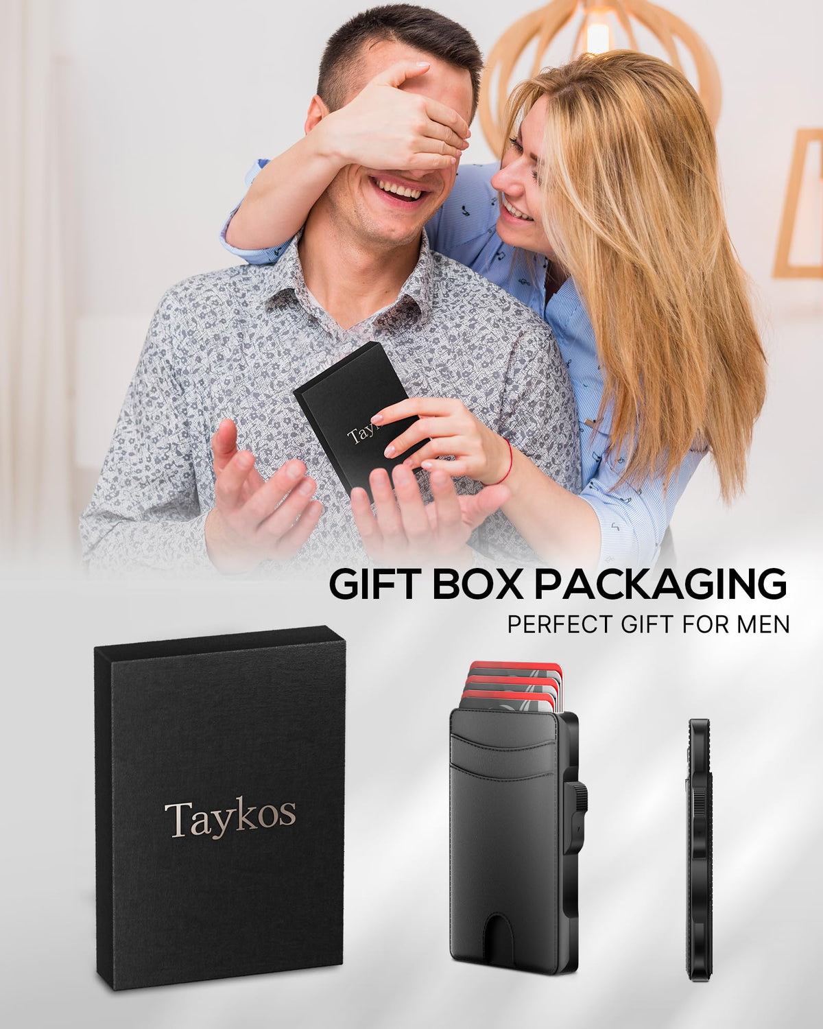 Taykos Minimalist Mens Wallet Card Holder: Pop Up Card Case, Genuine Leather, Smart, RFID Blocking, Slim, Thin, Front Pocket, Gift Box - 9-12 Card Capacitiy, Cash Pocket (Black)