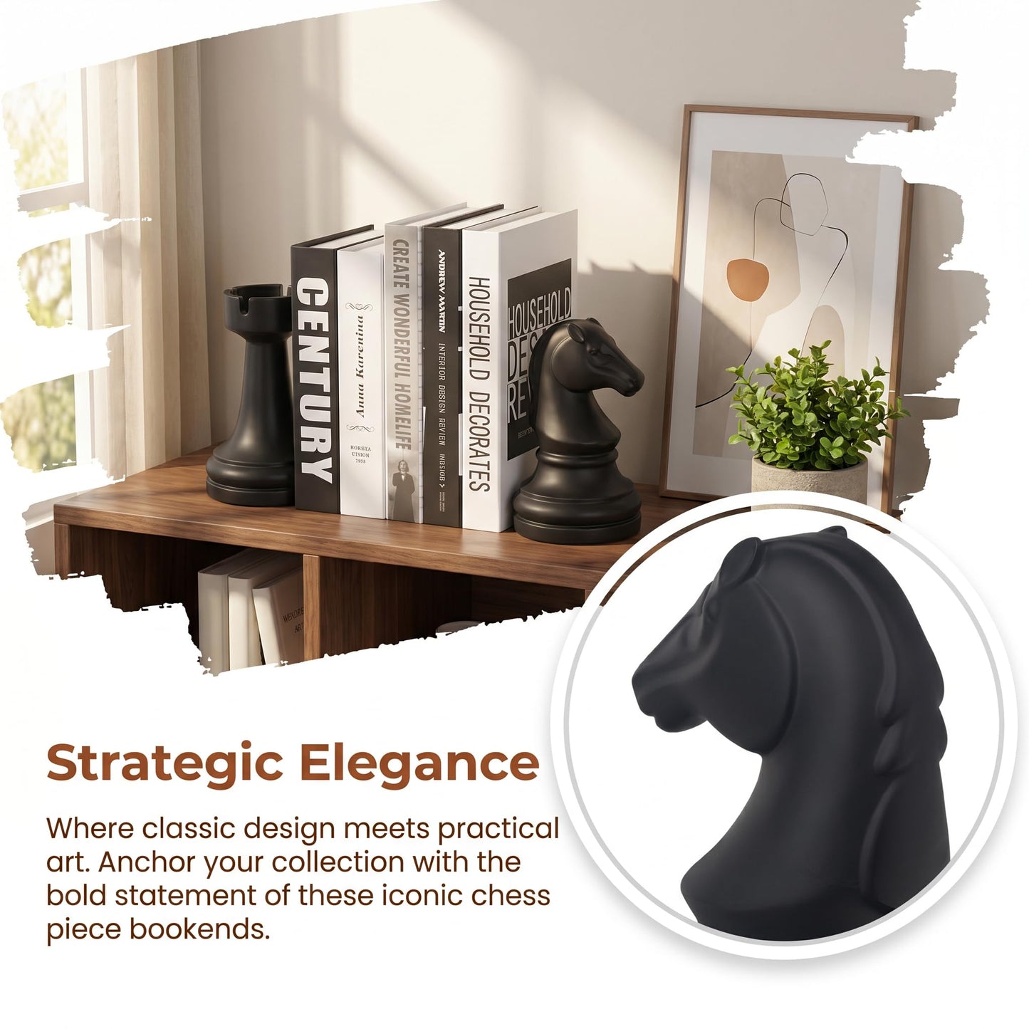 Decorative Bookends Chess Bookends, Black Book Ends Heavy Book Supports, Unique Bookends Decor for Office Home Desk Bookrack, 7"(L) x4(W) x7(H), 1Pair/2Piece