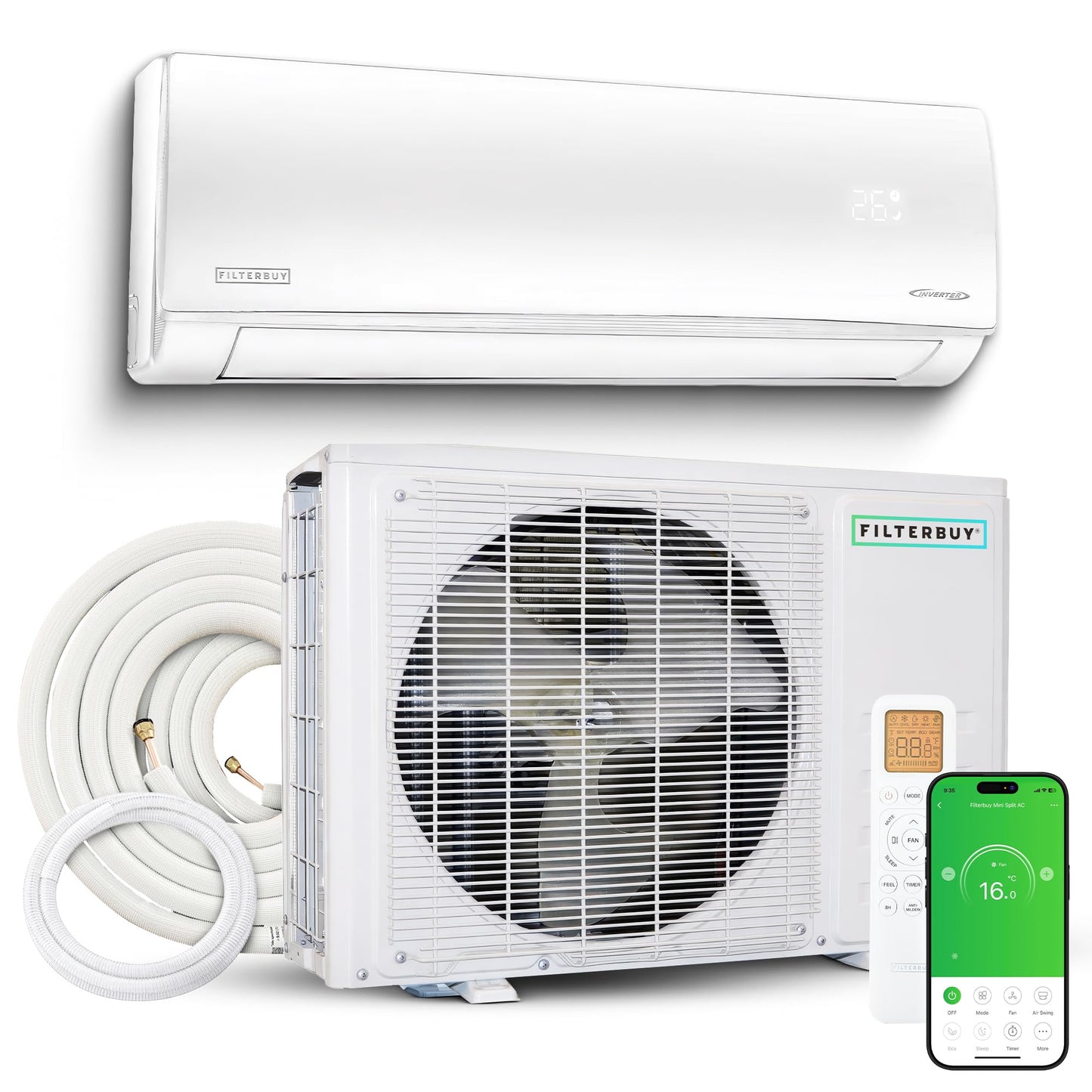 Filterbuy 12,000 BTU Mini Split AC Heating System, 17 SEER2, 230V, Ductless Inverter Heat Pump, R32, WiFi + Alexa + More, Self-Cleaning, ETL & AHRI Certified, Up to 550 Sq Ft, Install Kit Included
