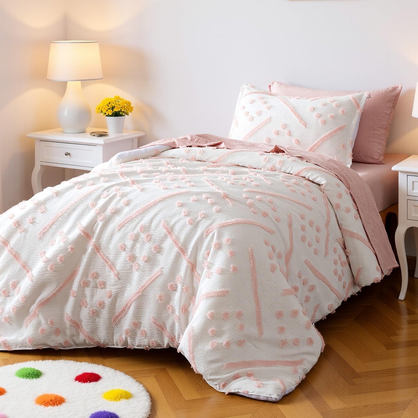 Amazon Basics Kids' Pink Bedding Set, 5-Piece Jacquard Bed-in-a-Bag with Comforter, Fitted Sheet, Flat Sheet, Pillowcase, Pillow Sham, Deep Pocket 16", All-Season, Pink Tufted, Twin