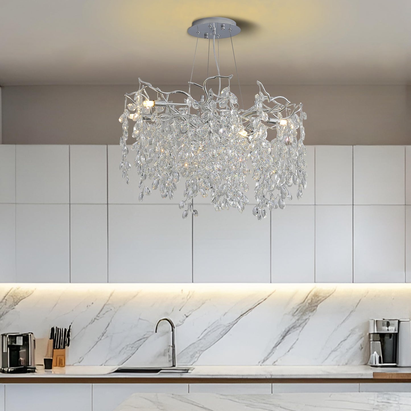 KVTOEP 24 Inch Silver Tree Branch Crystal Chandelier, 6-Light G9 Base K9 Crystal Pendant Light, Adjustable Fixture for Dining Room, Living Room & Staircase