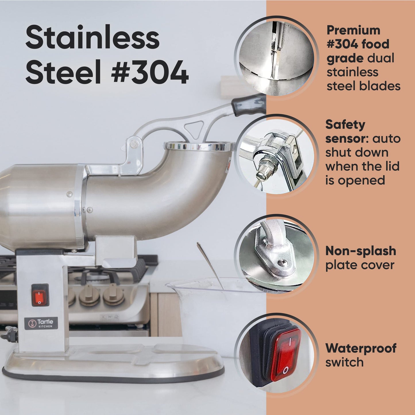 Tartle Kitchen - Stainless Steel Dual Blade Ice Shaver Snow Cone Maker Machine - Summer Parties & Refreshing Treats - Durable Easy to Use & Clean - Ideal for Catering, Restaurant & Commercial Kitchens