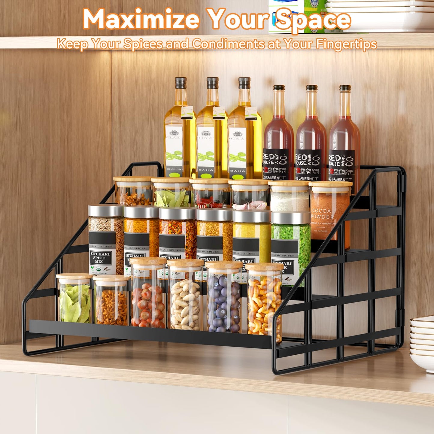 Bunoxea 4 Tier Adjustable Spice Rack for Cabinet & Countertop, Black