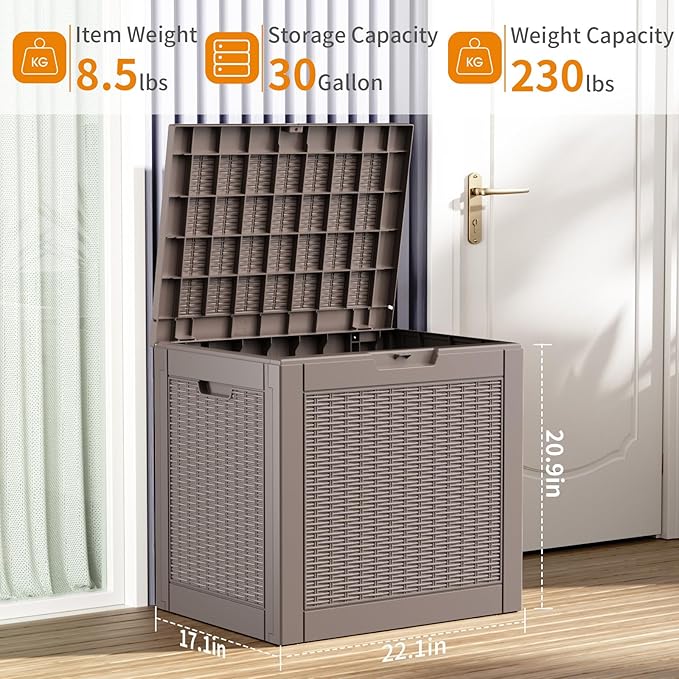 ROJIK Outdoor Storage Housing Deck Box - Waterproof Patio Furniture, Garden Tools, Cushions, Pool Accessories Storage Bench with Lockable Lid and Side Handles (Grey Rattan, 30 Gal)