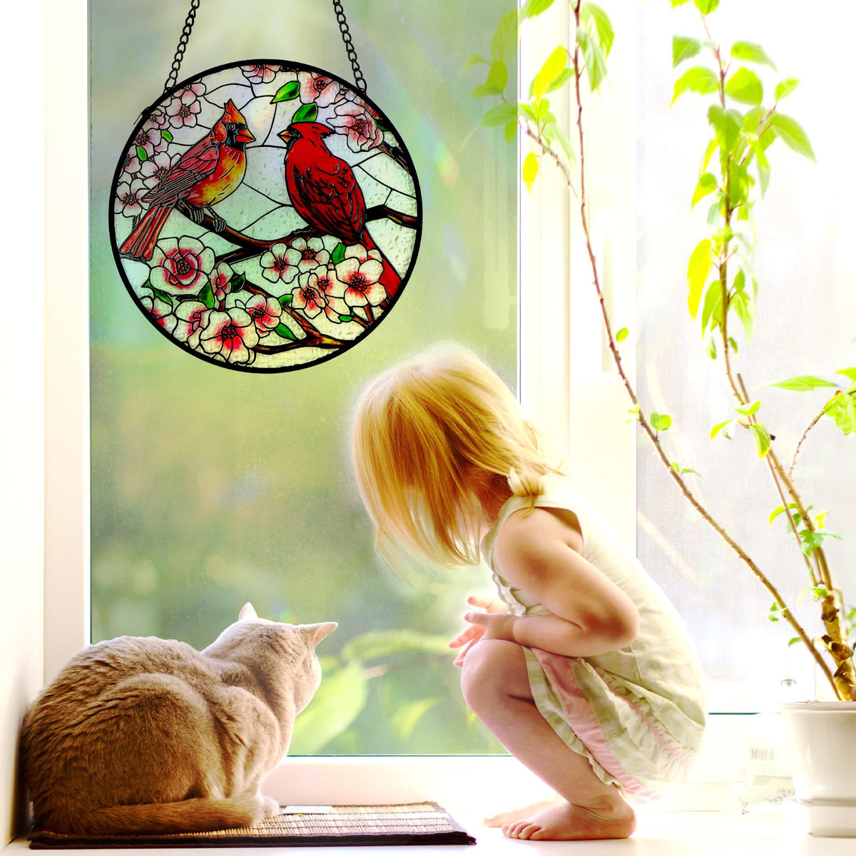 Remiawy Cardinal Stained Glass Window Hanging, 6 Inch Sun Catcher Glass Panel with Metal Chain and Hooks Suncatcher Indoor Window Wall Art Home Decor Gift for Bird Lovers Women Mother's Day Christmas