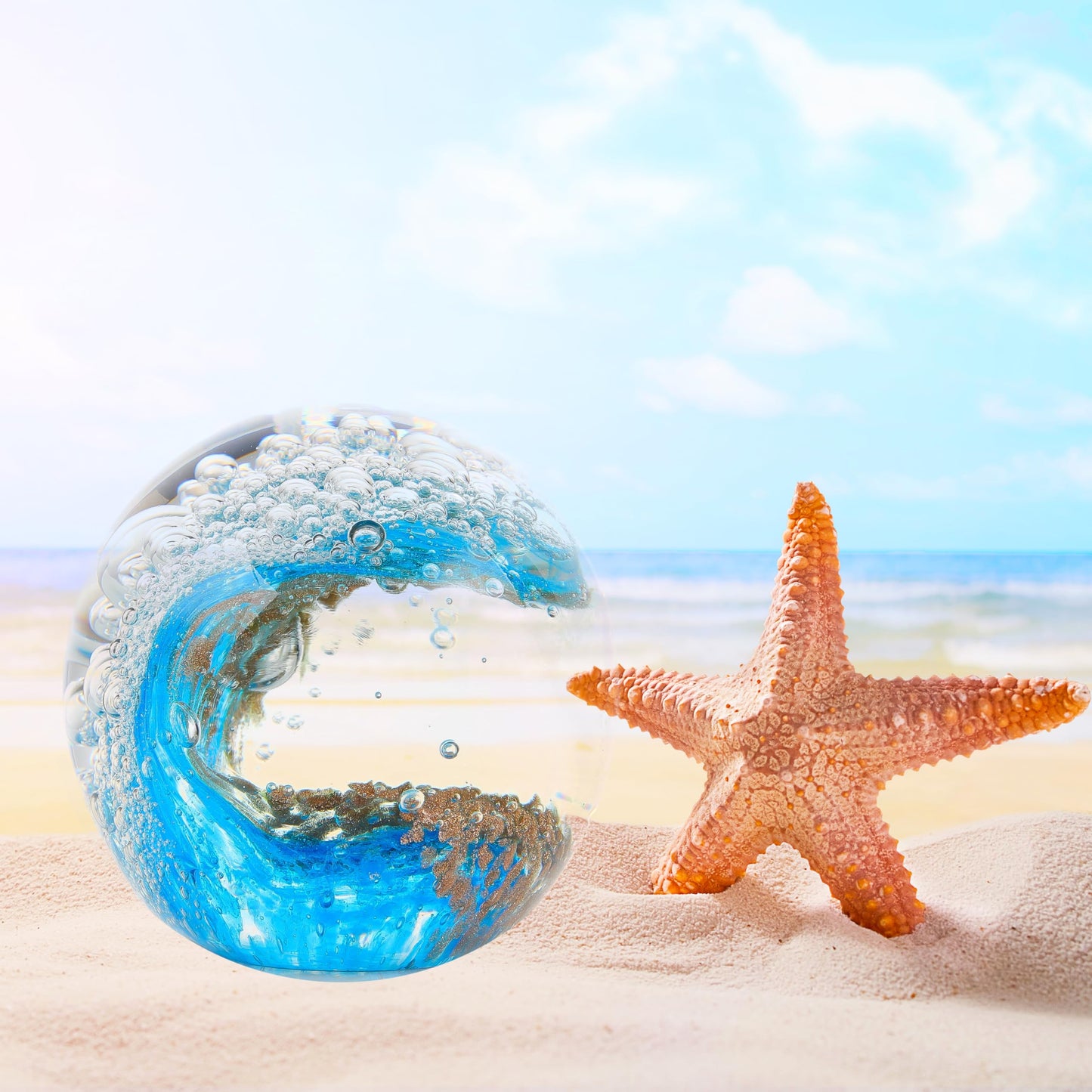 Enjinkail Hand Blown Ocean Waves Crystal Ball - Glass Collectible Figurines Spere - Paperweight Glass Ball Aquarium DecorOffice Decor Ocean Lovers