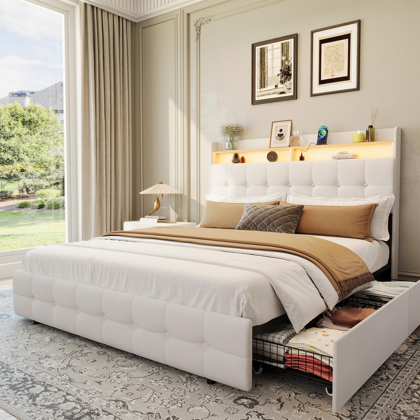 Queen Size Upholstered Bed Frame with LED Headboard, 2 Storage Drawers, Charging Socket and USB Port, Soft Fuzzy Soft, Noise-Free Metal Platform for Bedroom, No Box Spring Needed, Natural Wood Shelf