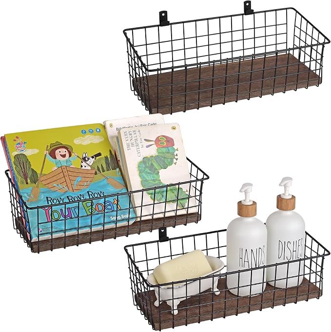 Wall Hanging Baskets 3 Pack, Diversified Wire Basket Shelves of Wooden Style