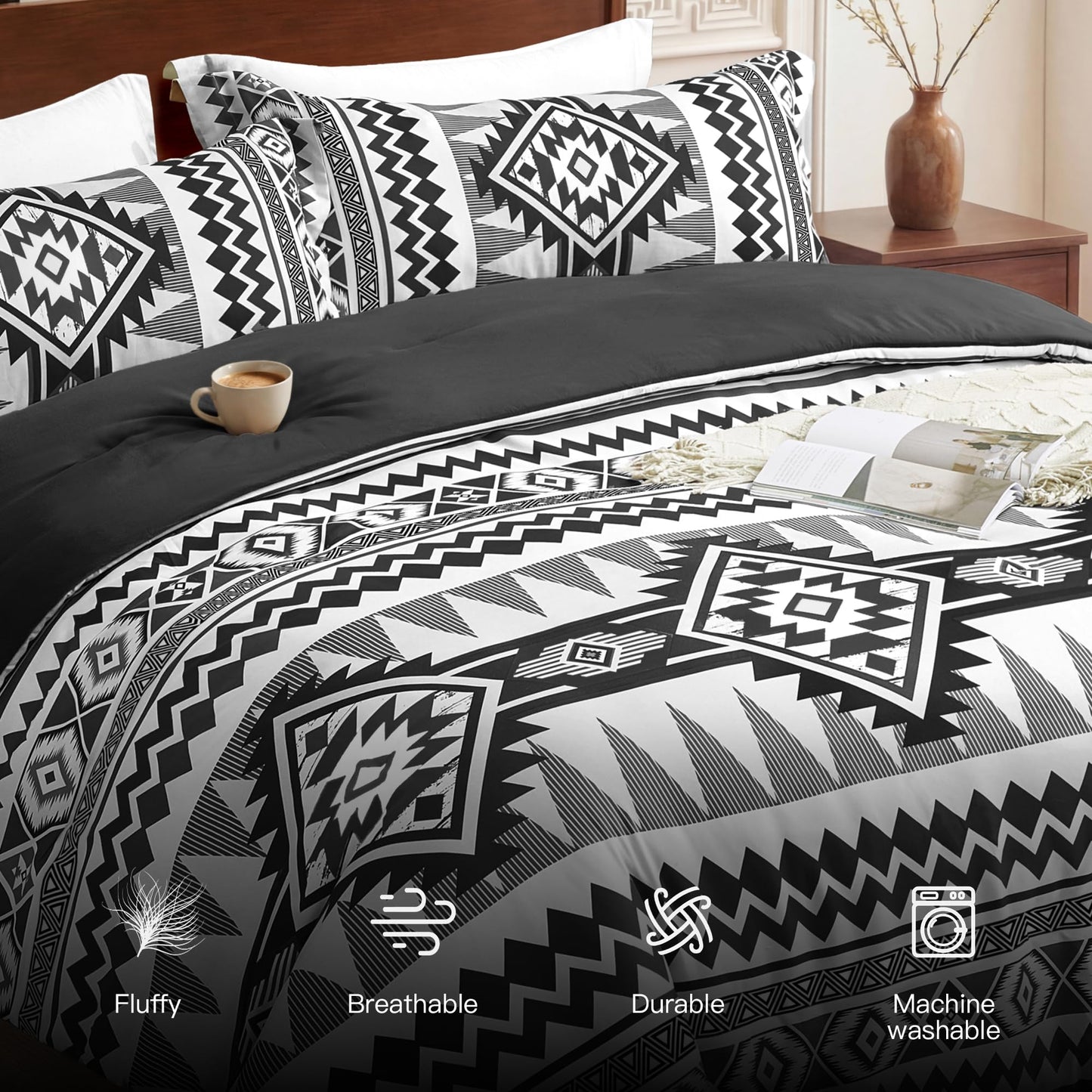 Tyrot Black King Size Comforter Set – 3 Piece Boho Aztec Western Bedding Sets, Soft Lightweight Comforter for All Seasons, Southwestern Style, 1 Comforter & 2 Pillow Shams