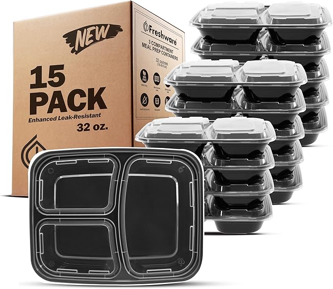 Freshware Bento Box Meal Prep Containers, 3-Compartment, 32 ounce