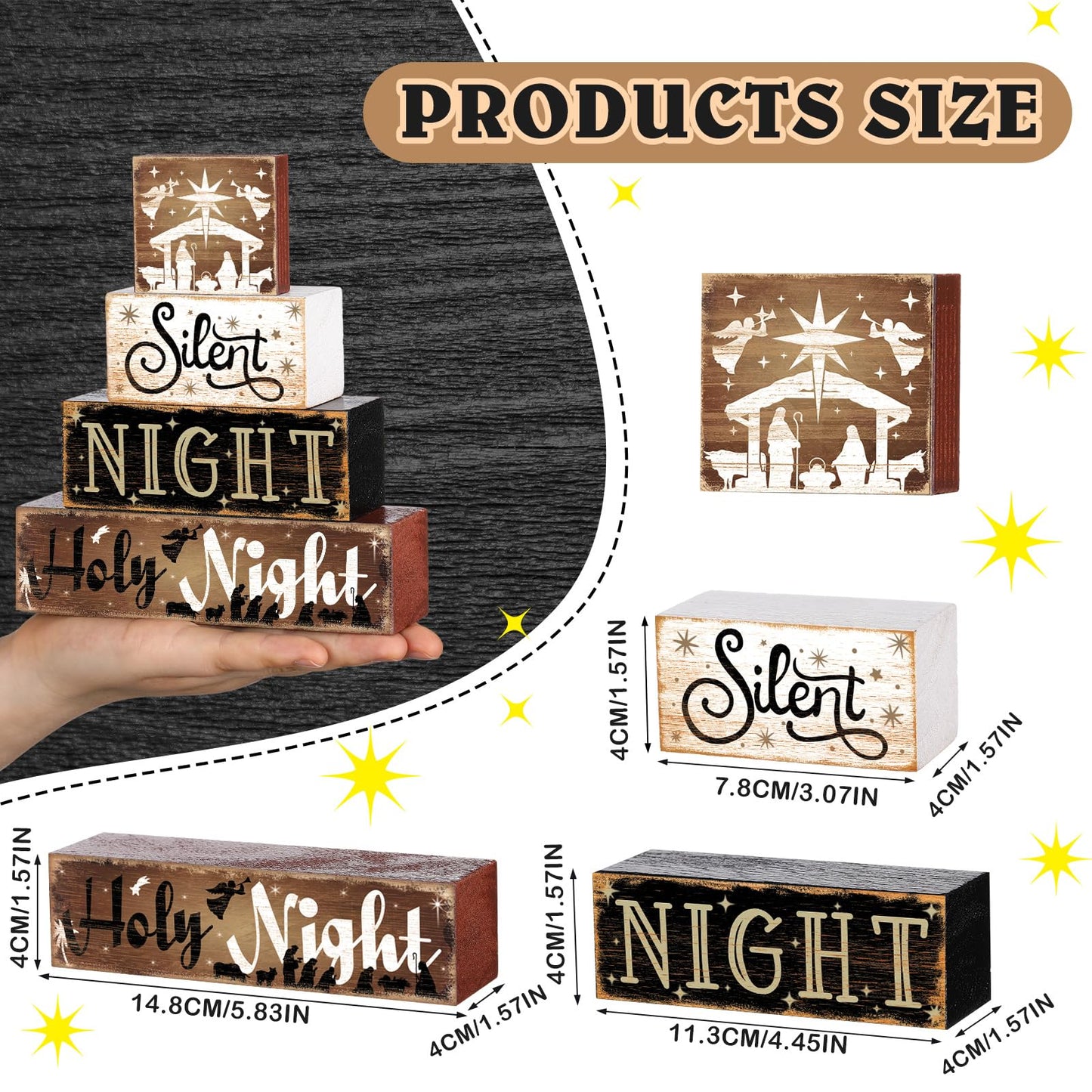 Moucuny 4 Pcs Wooden Christmas Nativity Table Sign Wooden Holy Night Decorative Signage Xmas Tiered Tray Decor Winter Centerpieces Farmhouse Block Set Xmas Table Sign for Home