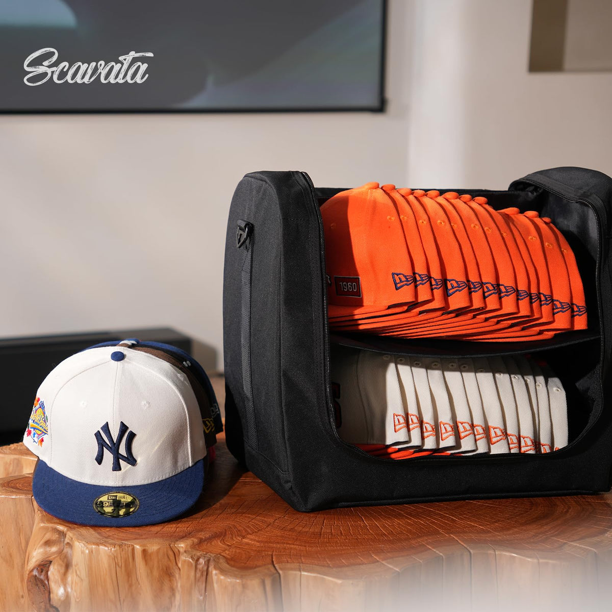 SCAVATA Large Hat Bag for Baseball Caps, Hat Organizer Bag for Traveling & Moving, Storing Snapback Cap, Portable Hat Carrier Holder Case for 20-24 Caps (Black)