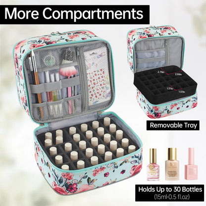 Buruis Double-Layer Nail Polish Organizer Bag, Holds 27 Bottles (15ML/0.5 FL.OZ or Larger), Nail Tools & Dryer Storage Case with Adjustable Dividers (Aqua Floral)