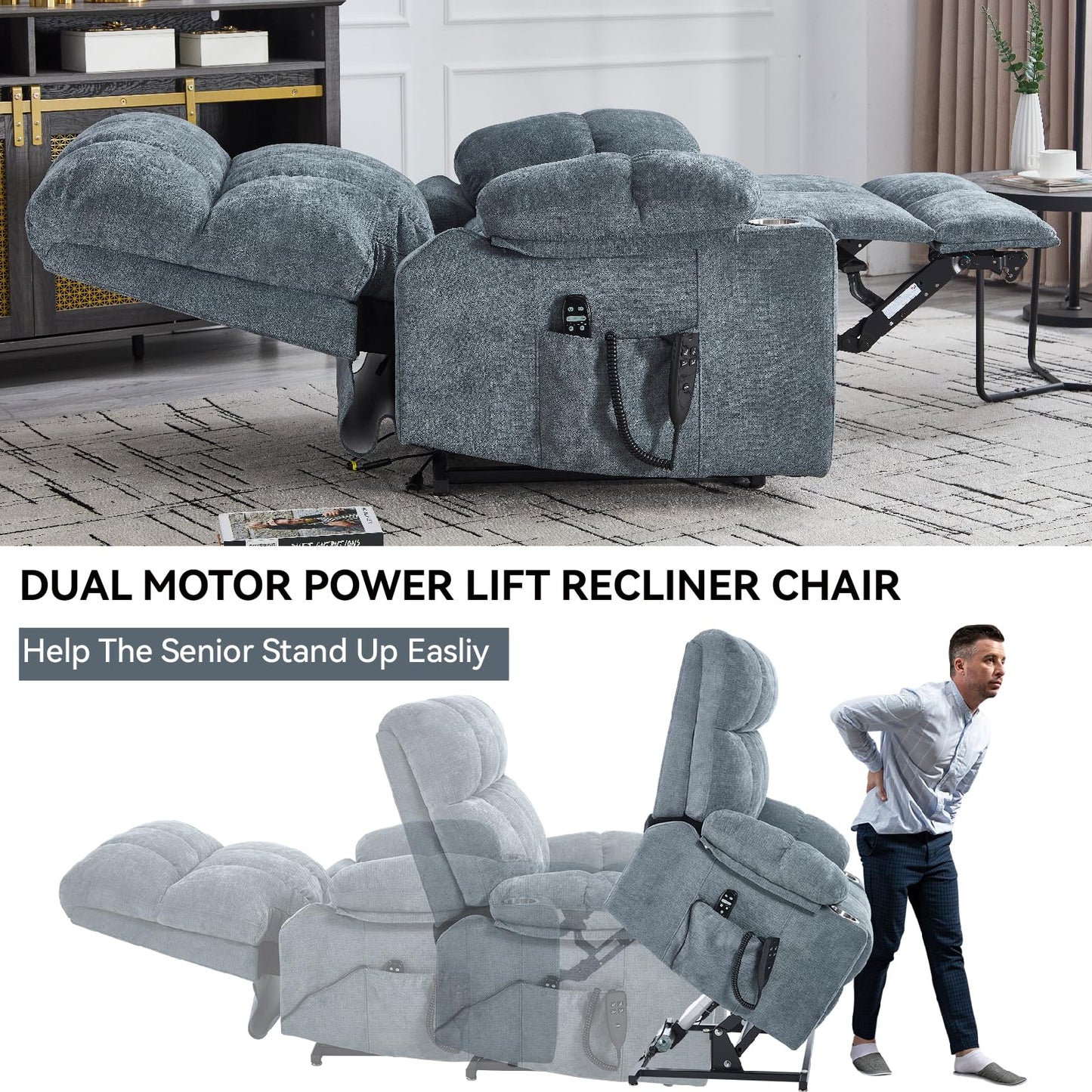 Dual Motor Power Lift Recliner Chair with Heat and Massage, Infinite Position Lift Chair, Oversized Chenille Recliner with 8-Point Vibration, Cup Holders and Side Pockets for Living Room, Grey Blue