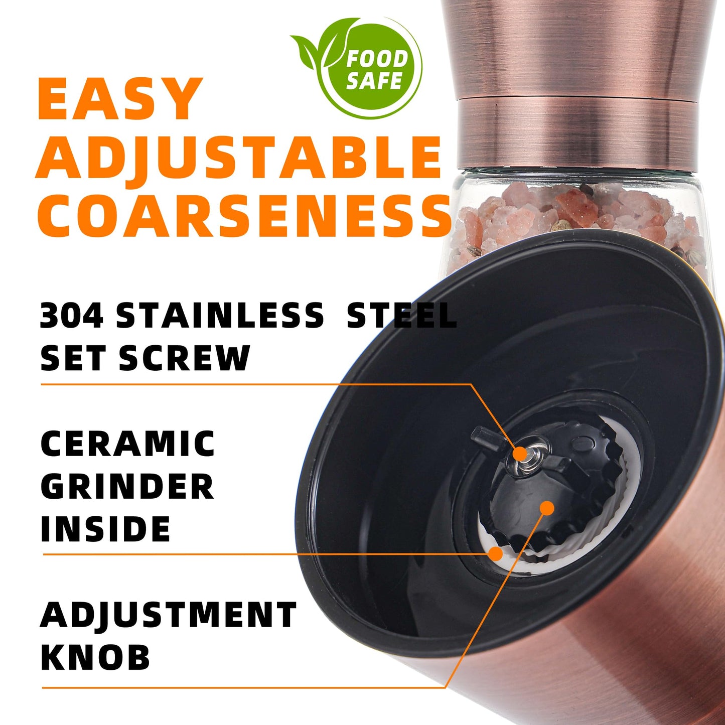 DAVIMADE Short Copper Salt and Pepper Grinder Set of 2，Refillable Adjustable Coarseness Stainless Steel Glass Bottle, Pepper Mills W/Funnel for Kitchen