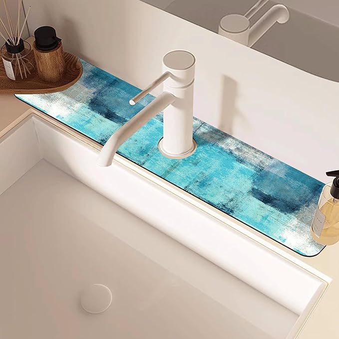 Kitchen Sink Splash Guard Faucet Mat Abstract Teal and Grey Geometric Absorbent