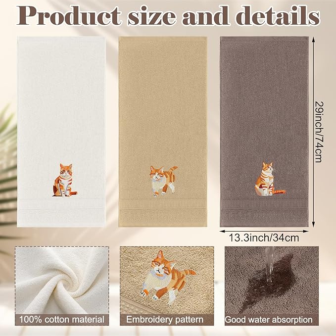 3 Pcs Orange Cat Hand Towels Bathroom Sets Decor Cute Orange Cat Lover Gifts