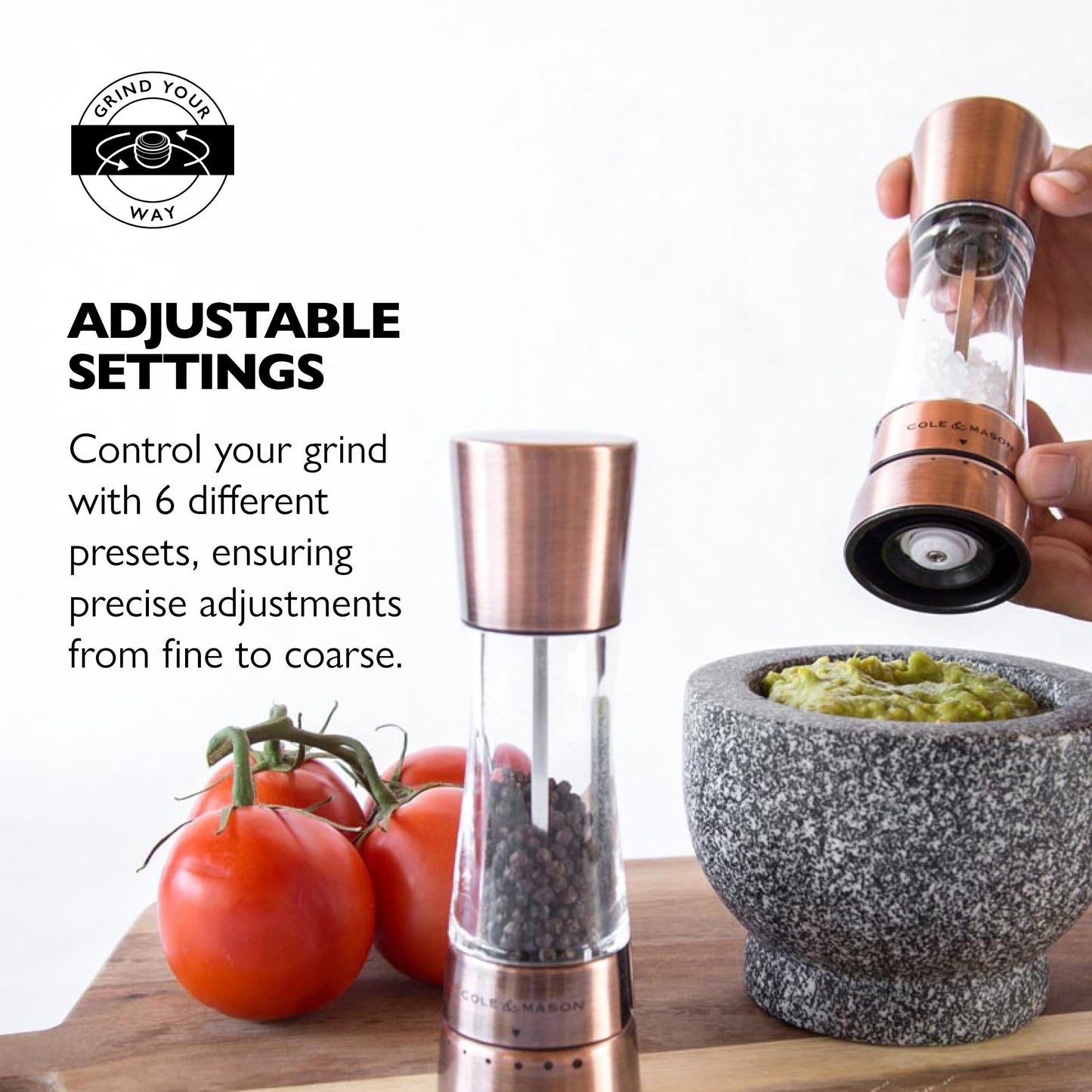 Cole & Mason Derwent Salt & Pepper Mill Gift Set - Refillable Seasoning and Spice Tools - Adjustable Grinder Settings - Copper With Salt and Pepper Tray
