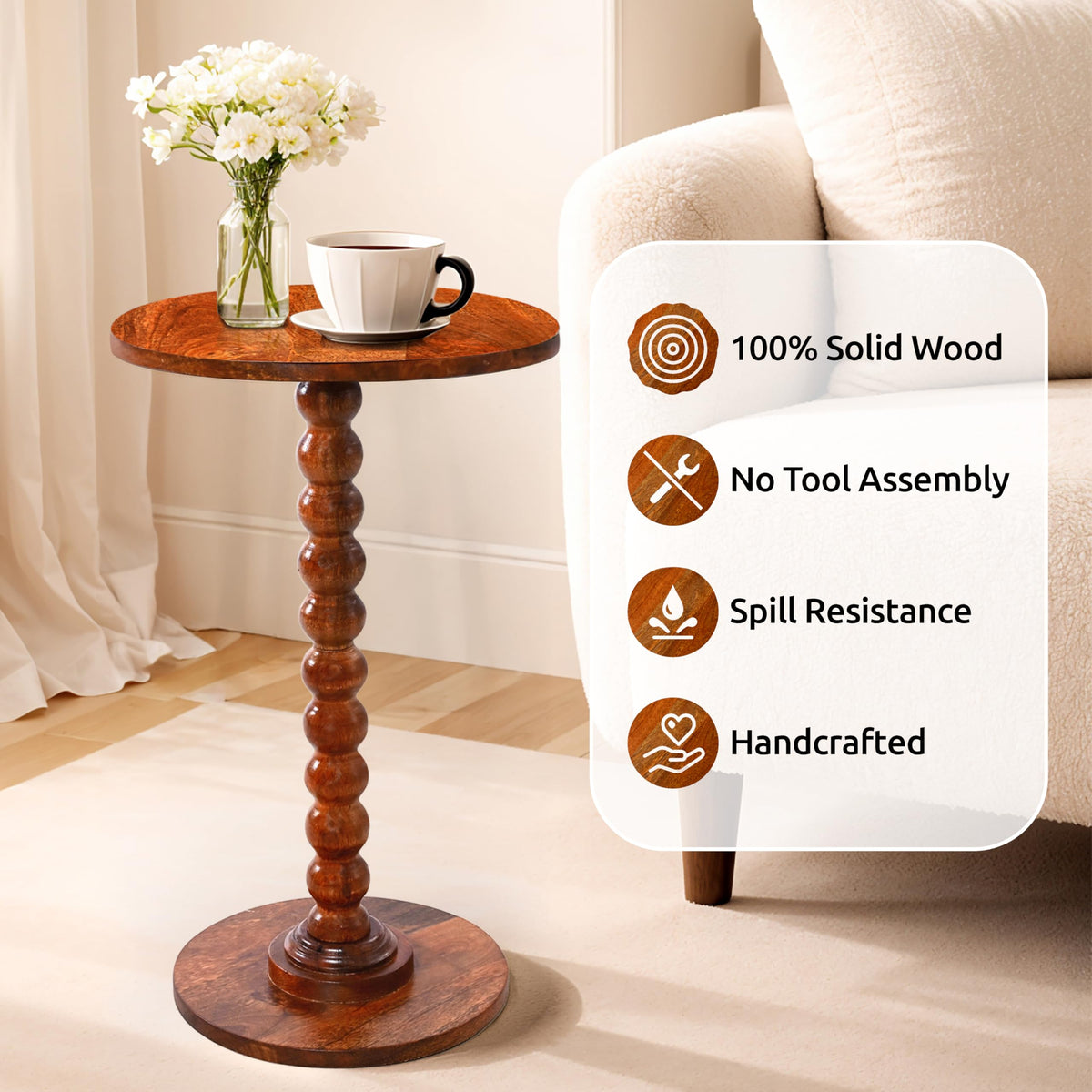 Round Side Table, Small Drink Table for Small Spaces, Modern Accent Nightstand with Solid Wood Leg for Living Room, Bedroom, Corners, and Office- Honey Mango