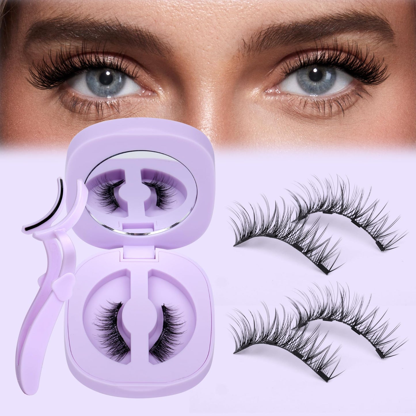 Magneitc Eyelashes with Applicator Wispy False Eyelashes No Glue Needed Natural Look Cat Eye Magnetic Lashes Easy to Use Reusable Fluffy Magnetic Eyelashes without Eyeliner 1 Pair Pack