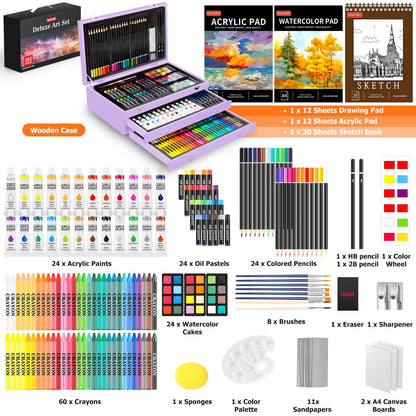 Soucolor Birthday Gifts, Art Supplies, 192-Pack Deluxe Art Set Drawing Painting Supplies Kit with Acrylic Pad, Watercolor Pad, Sketch Book, Canvases, Acrylic Paint, Crayons, Pencils