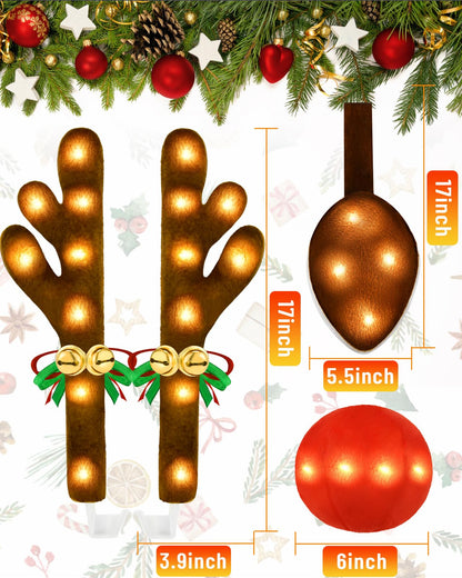 Christmas Reindeer Antlers Car Decoration Kit with LED Warm White Lights, Vehicle Christmas Car Kit with Jingle Bells Rudolph Reindeer and Nose, Tail for The Trunk