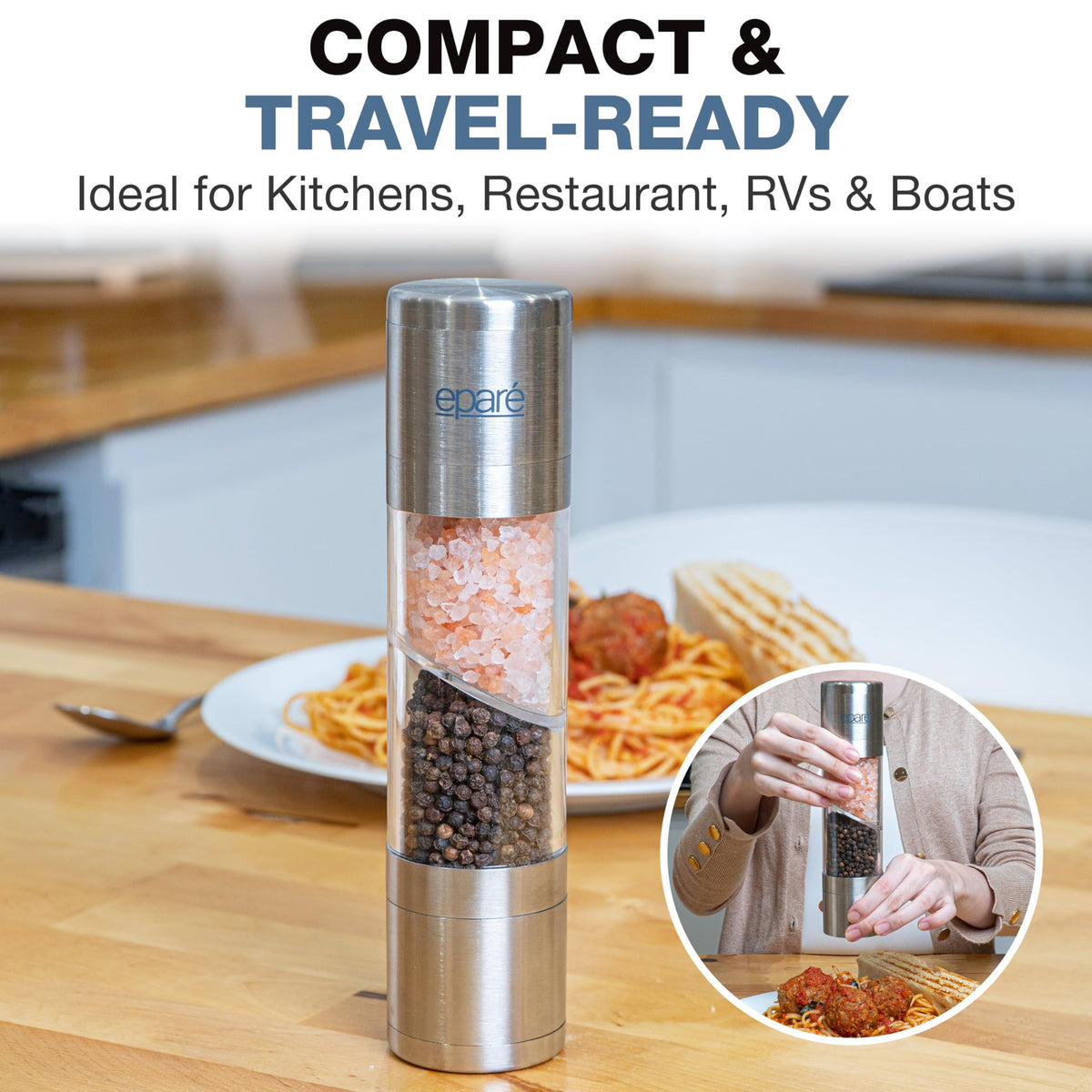Eparé 2 in 1 Salt and Pepper Grinder Combo – Dual Space Saving for Kitchen & Dining - Manual Stainless Steel Salt and Pepper Grinder in One