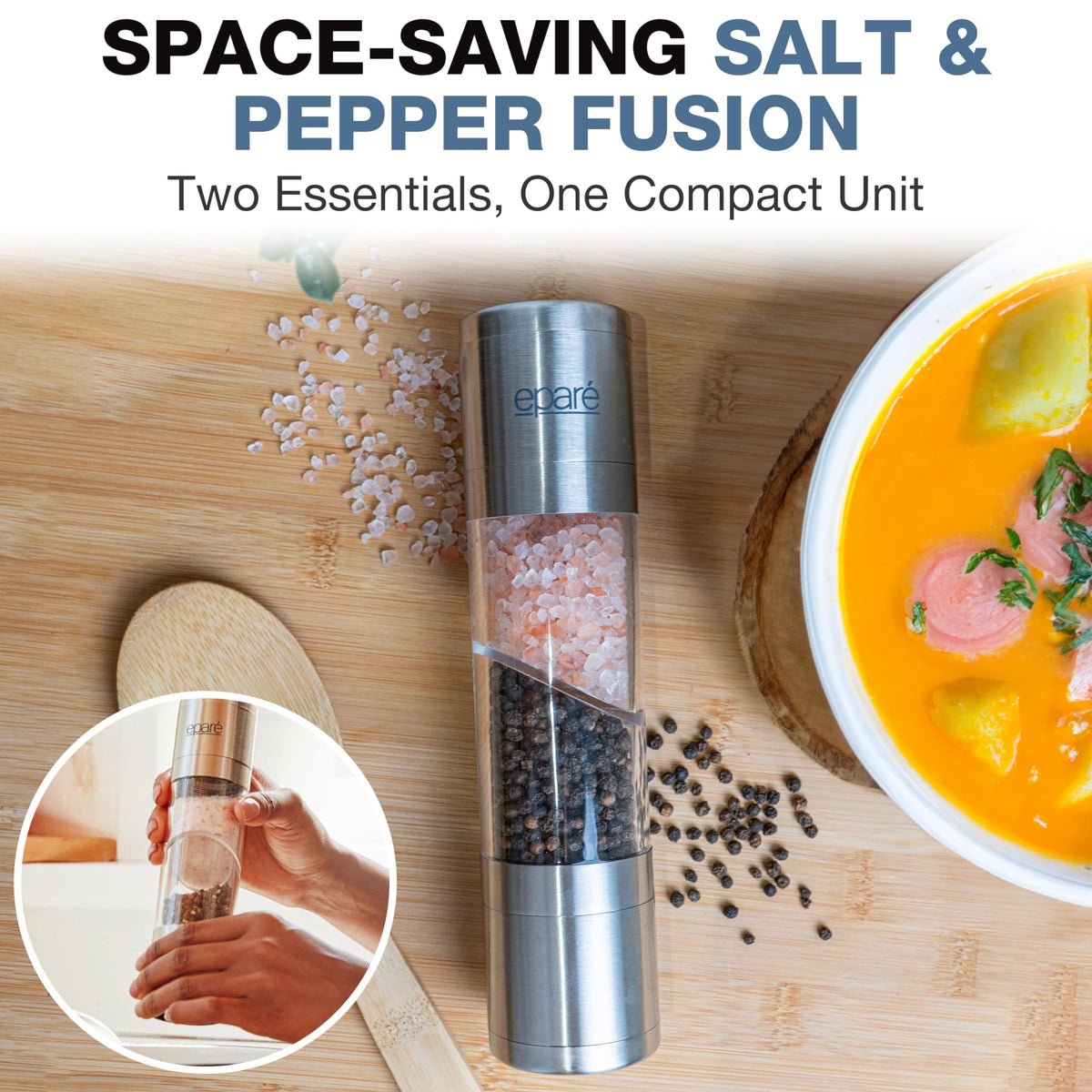 Eparé 2 in 1 Salt and Pepper Grinder Combo – Dual Space Saving for Kitchen & Dining - Manual Stainless Steel Salt and Pepper Grinder in One