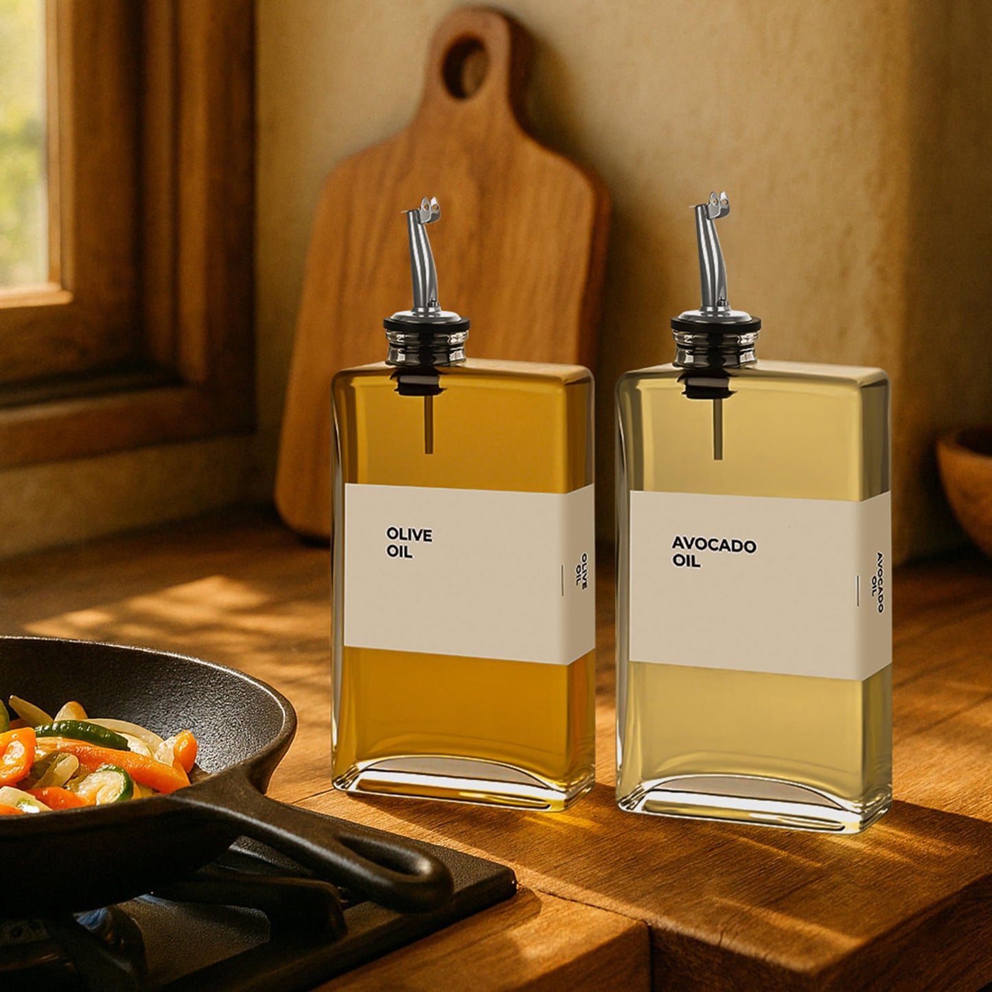 Spaceneat Olive Oil Dispenser Bottle - Includes 44 Kitchen Essential Labels - Cooking Oil Bottles for Kitchen, Coffee Syrup Dispenser - Pourer Spout with 11.8 fl oz Glass Container Cruet - 2pcs Silver