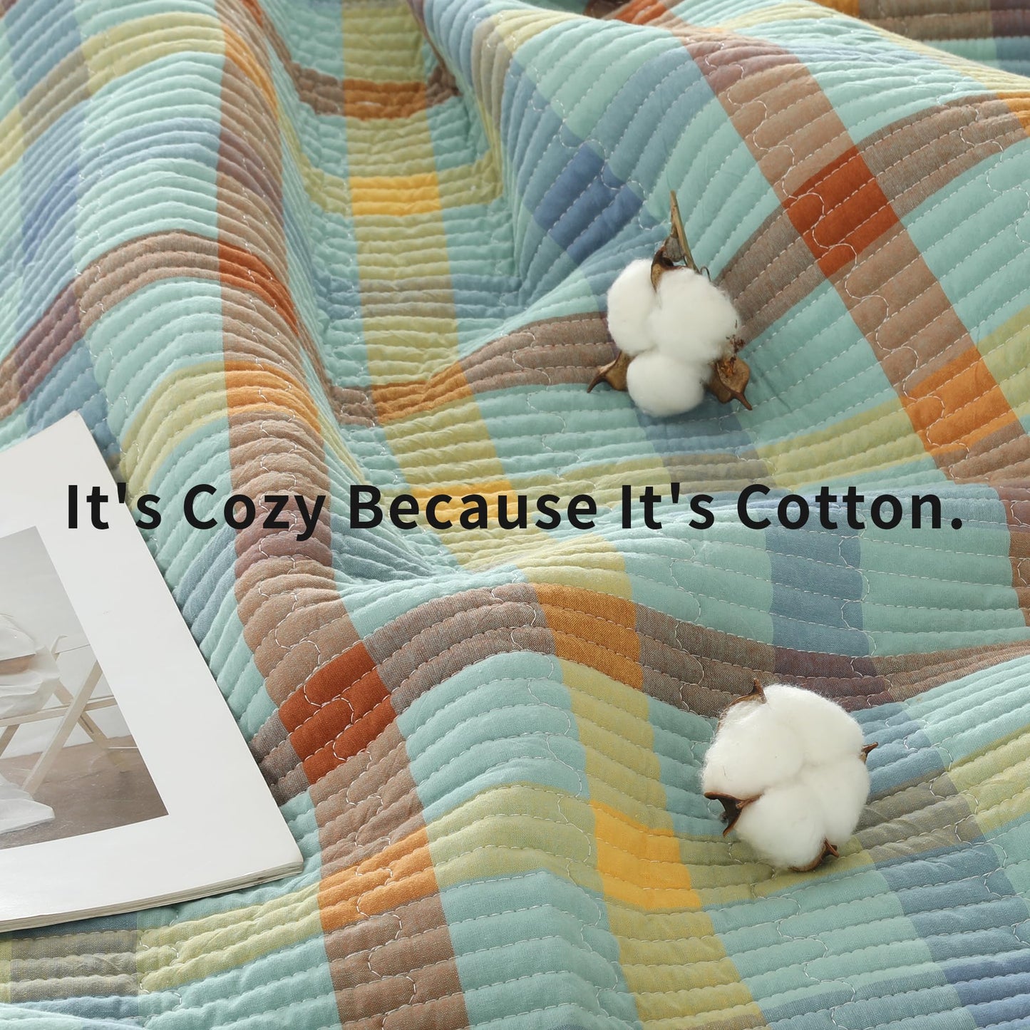 Yonvdns 3 Pieces 100% Cotton Quilt Set Twin Size,Hypoallergenic for Sensitive Skin,Lightweight All Season Coverlet Set, No Clumping After Wash,Anti-Static(Green Checkered, 90"x78")