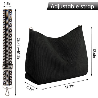 Prite Corduroy Tote Bag for Women with Zipper Large Capacity Shoulder Bags with Adjustable Strap and Pockets Waterproof Handbag for Work School Shopping Travel College (Black)
