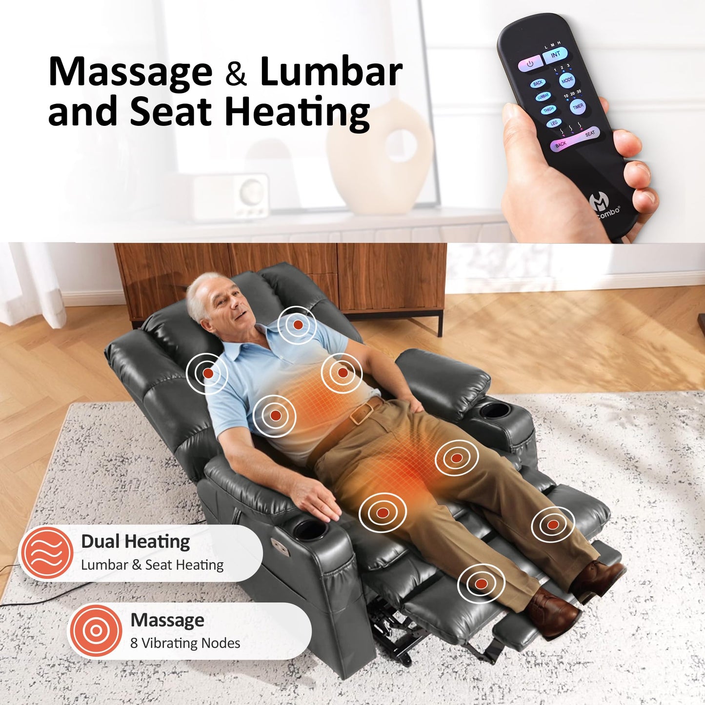 MCombo Triple Motor Power Lift Recliner Chair with Massage and Dual Heating, Adjustable Headrest for Tall Elderly People, Faux Leather 7634 (Dark Grey, Large)