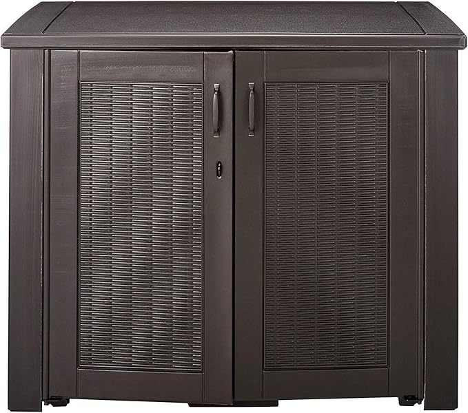 Rubbermaid Decorative Outdoor Storage Cabinet (123 Gal) Weather Resistant Dark Brown Organization for Home/Backyard/Pool Chemicals/Toys/Garden Tools/Porch/Patio Cushions