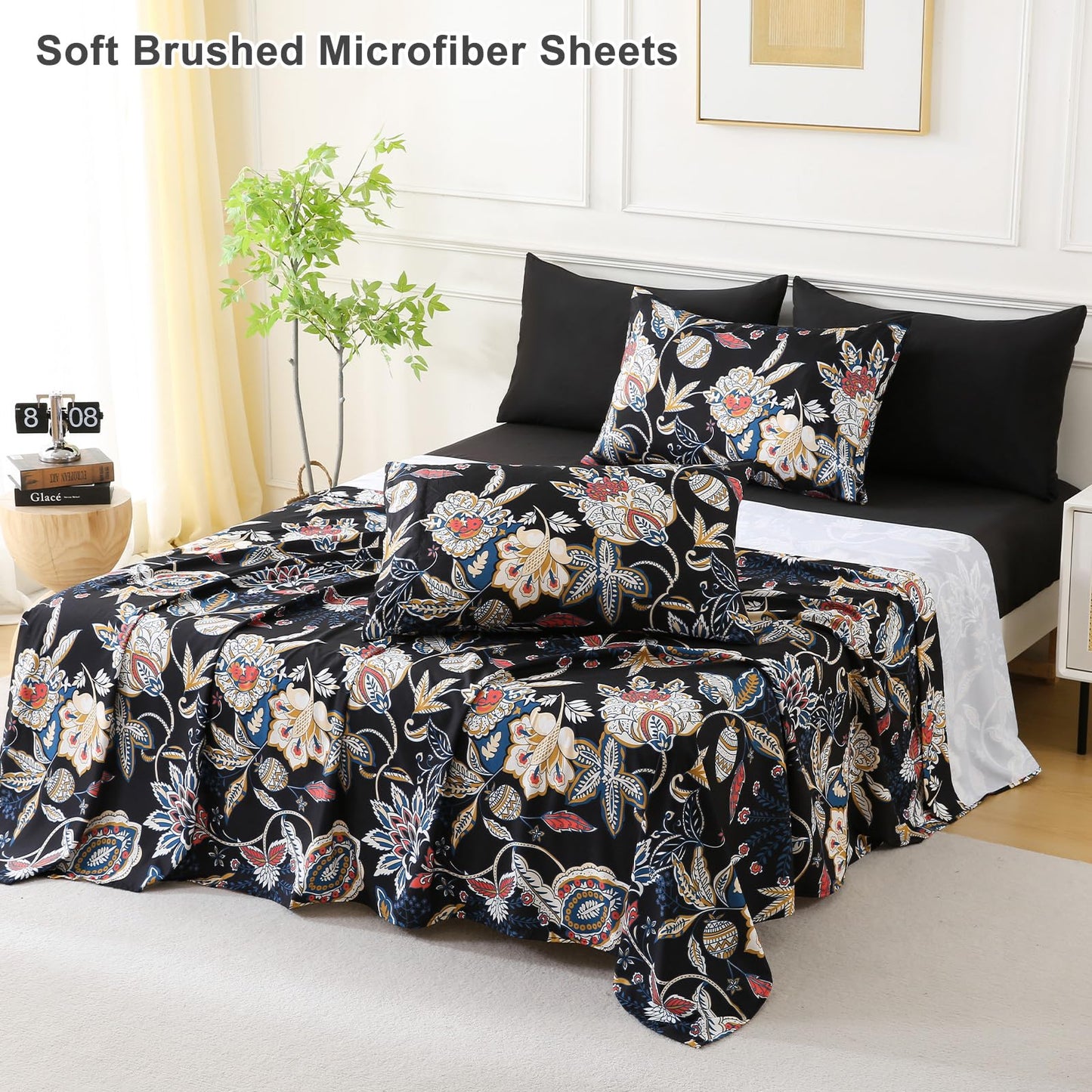 Botanical 6-Piece Full Size Sheets Set, Boho Floral Print Brushed Microfiber Sheets, Cooling Bed Sheet Set, Ultra Soft & Breathable, 16' Deep Pocket Fitted Sheet & Pillowcase Set, Black Floral