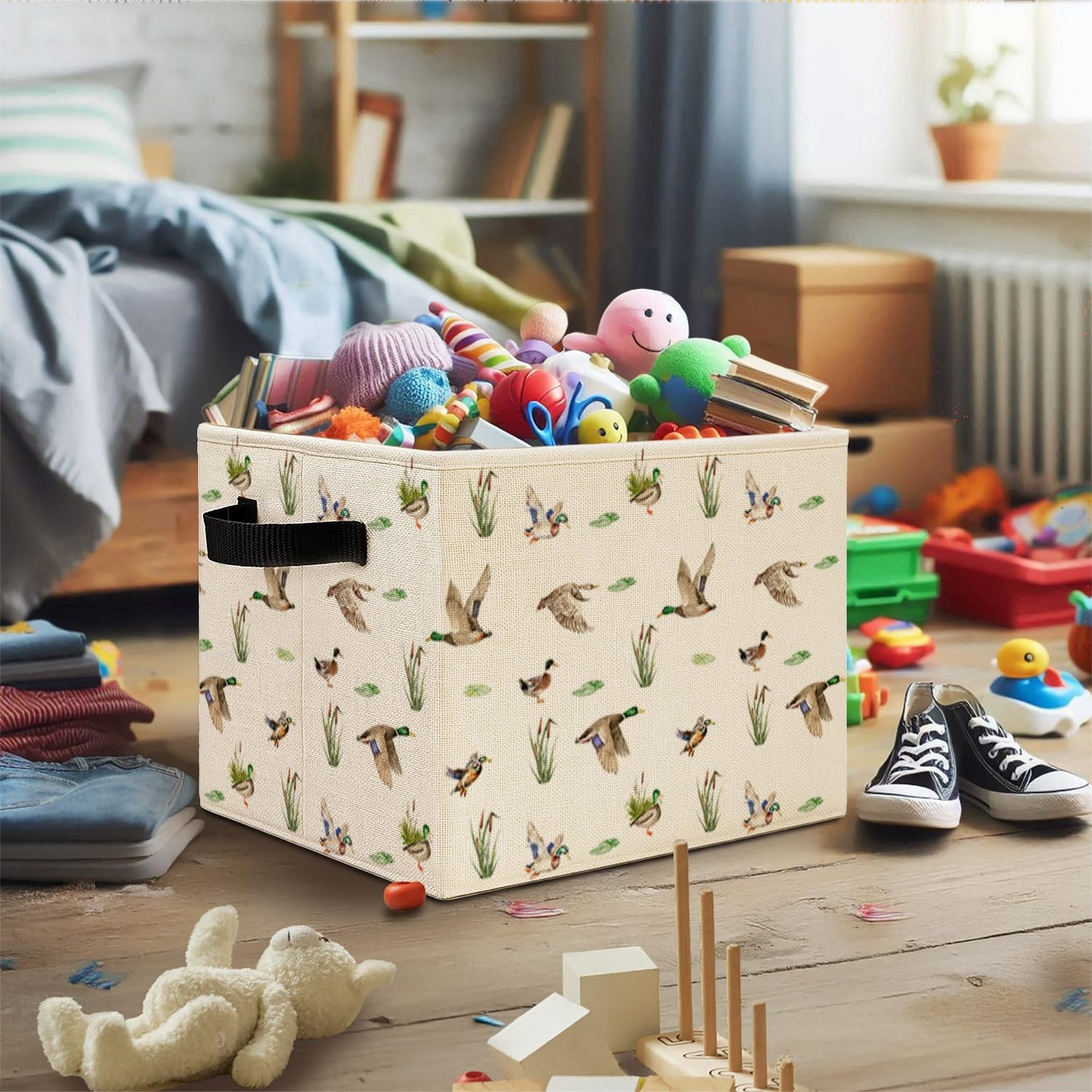 Elefeltclave Mallard Duck Nursery Storage Bins, Farmhouse Wild Green Head Ducks Hunting Collapsible Storage Basket Organizer for Kids Bedroom Bathroom Clothes Toys Books,Toybox for Girls