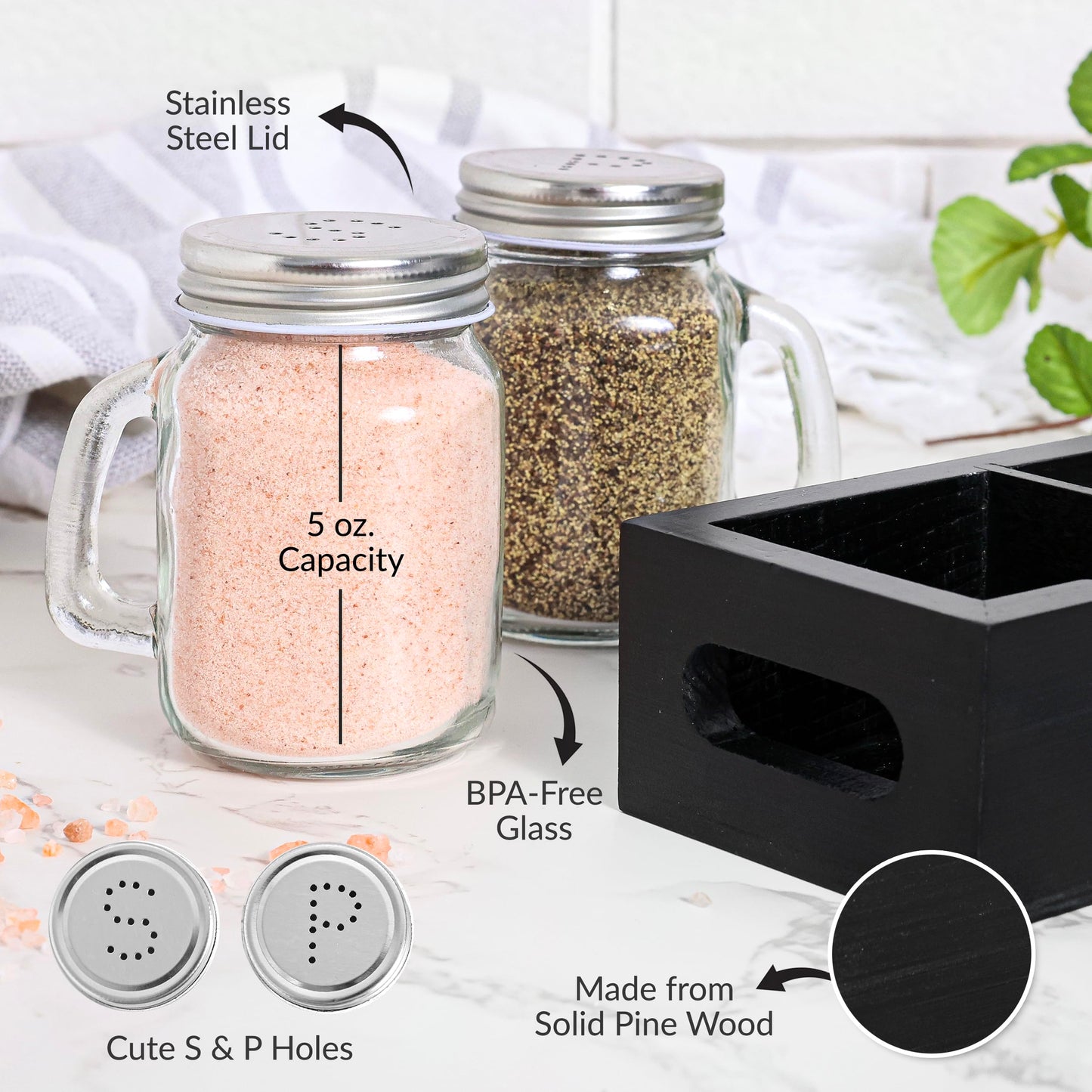 Mason Jar Salt and Pepper Shakers - Glass Shaker Set with Wood Holder Caddy, Easy to Clean & Refill for Farmhouse Kitchen Table, Home and Gifts (Black)