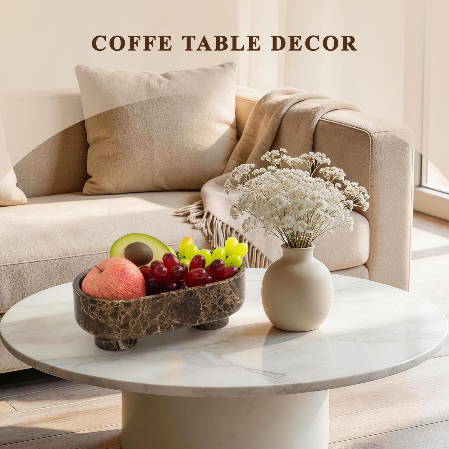 LIN CHUAN Natural Oval Marble Fruit Bowl for Kitchen Counter | Two-Legged Decorative Pedestal Bowl for Dining Table Decor, 10" Luxury Entryway Catchall Purse Bowl - Dark Brown