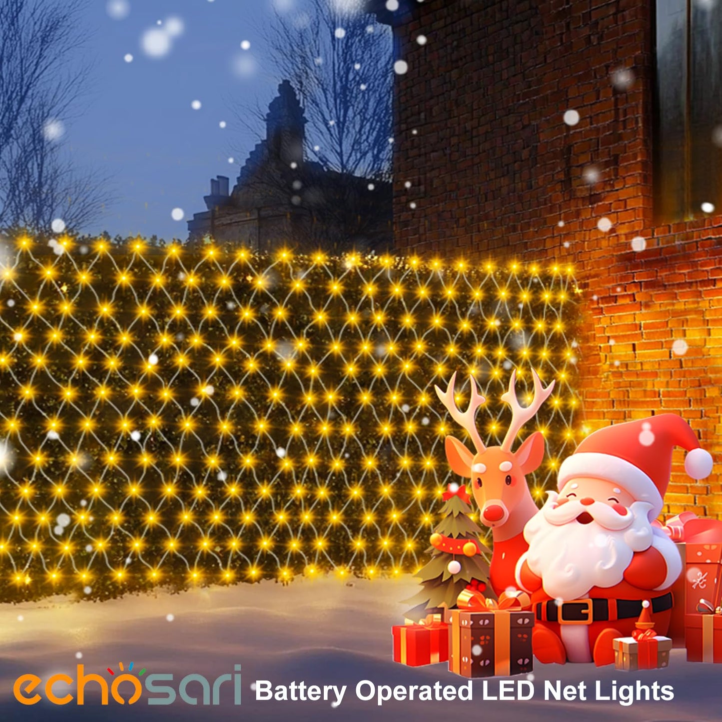echosari Christmas Net Lights Battery Operated, 100 LED 5FT x 5FT Net Lights Outdoor with Remote Timer, Bush Mesh Light for Xmas Tree Garden Yard Decor (Warm White)