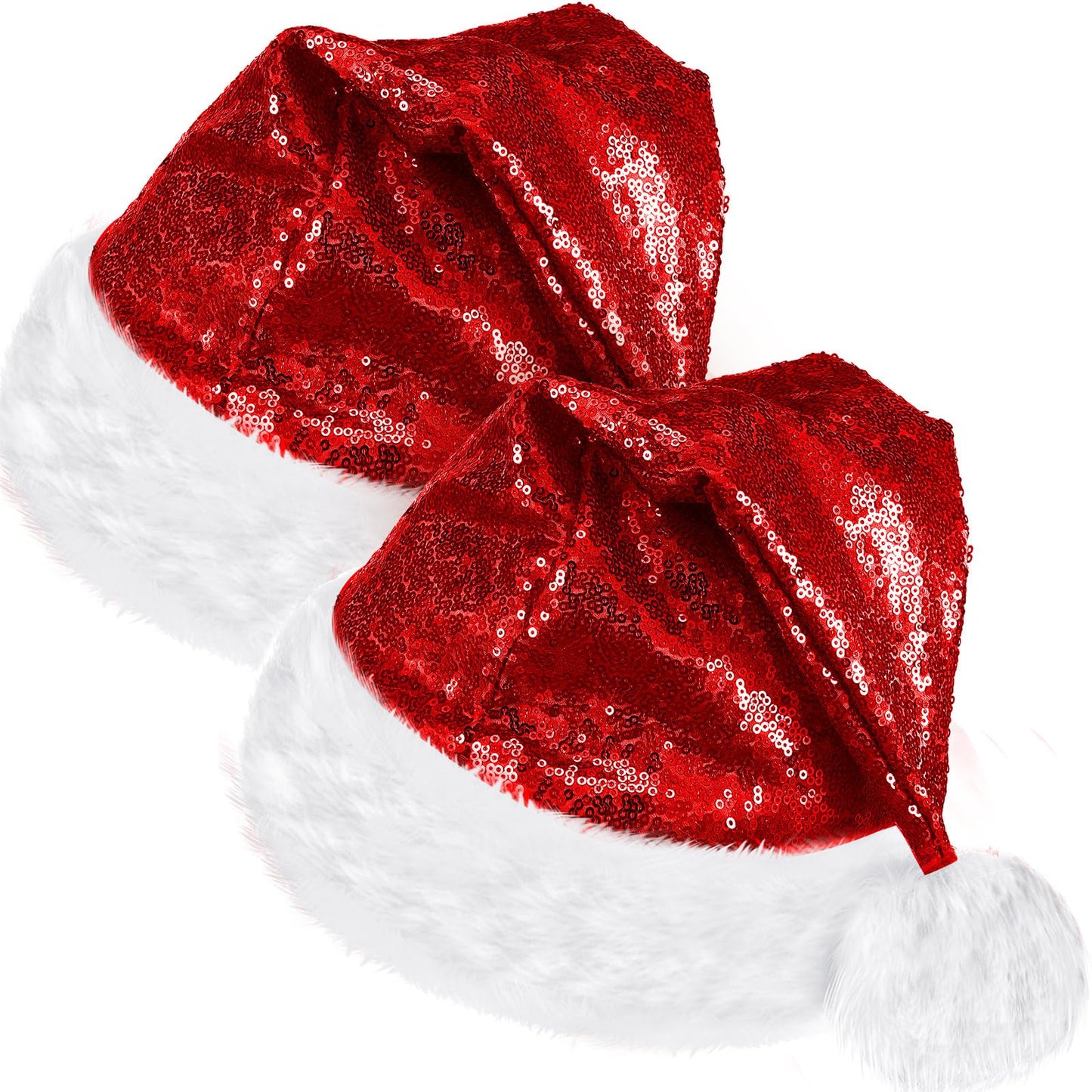 SATINIOR 2 Pcs Adult Sequin Santa Hat Unisex Christmas Hat Santa Claus Cap Xmas Cap with Lining and Plush Brim for Women Men(Red)