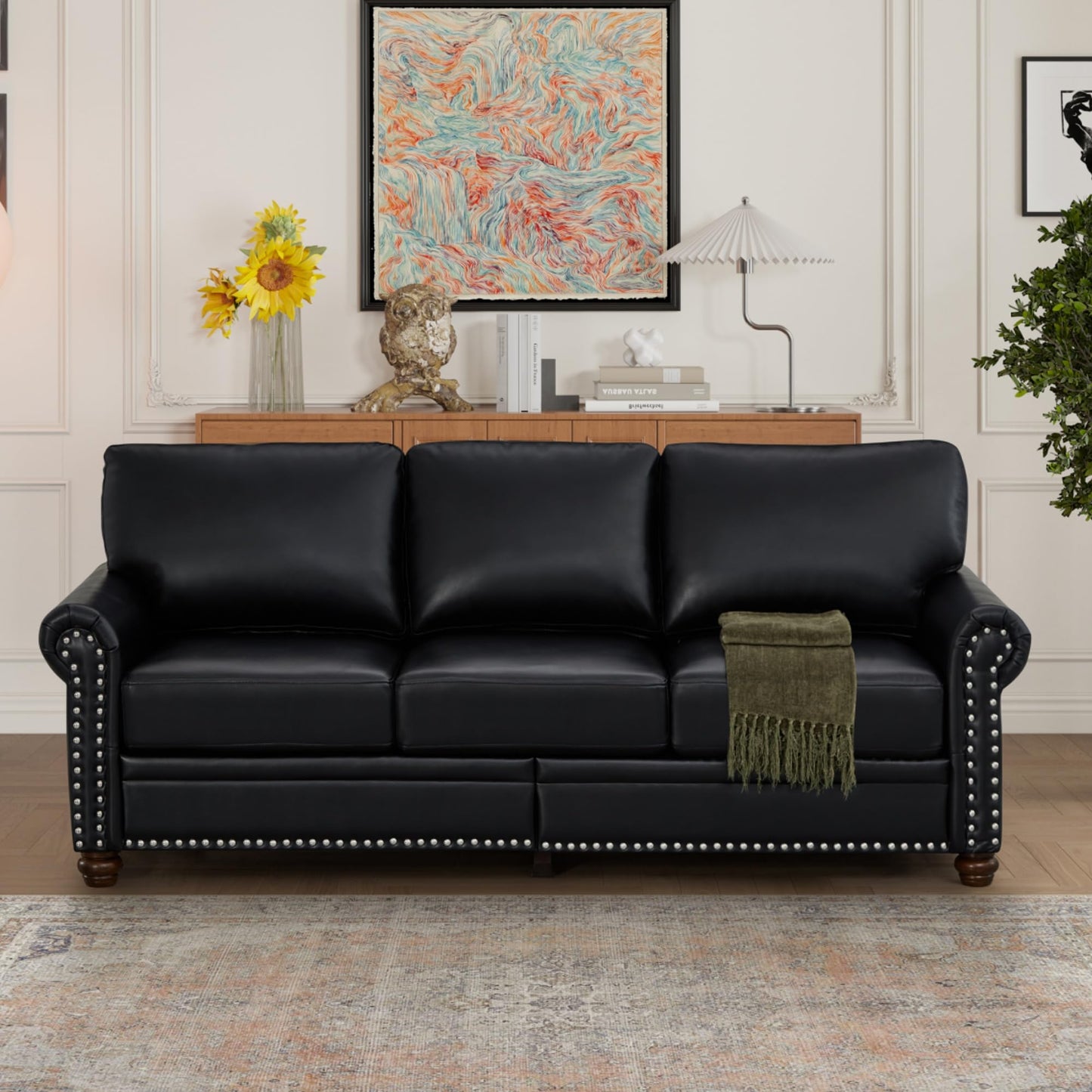 KEIKI 82.68" Chesterfield Sofa, Retro Style Upholstered Faux Leather PU Couch with Storage Space, Rolled Arm, Nailhead for Living Room Bedroom Office Apartment, Black