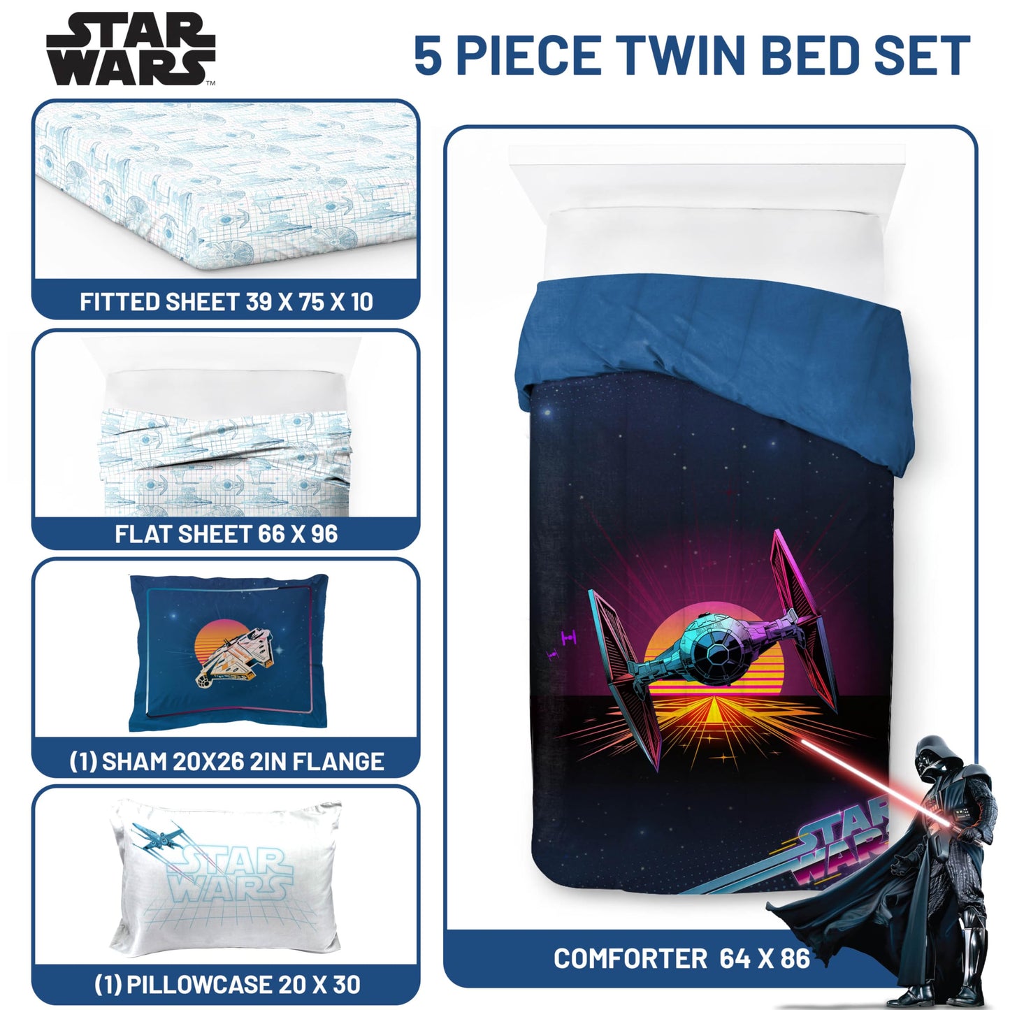 Jay Franco Kids Comforter Set Includes Sheets and Pillow Covers - Soft and Cozy Bed Set for Stylish Room Decor, Blue - Star Wars 02, 5 Piece Twin Size Bedding