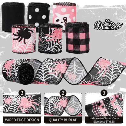 Whaline 6 Roll Halloween Wired Edge Ribbon Ghost Boo Spider Web Ribbon Pink Black Fabric Ribbons for Wreath Bow Making DIY Crafts Wrapping, 30 Yard