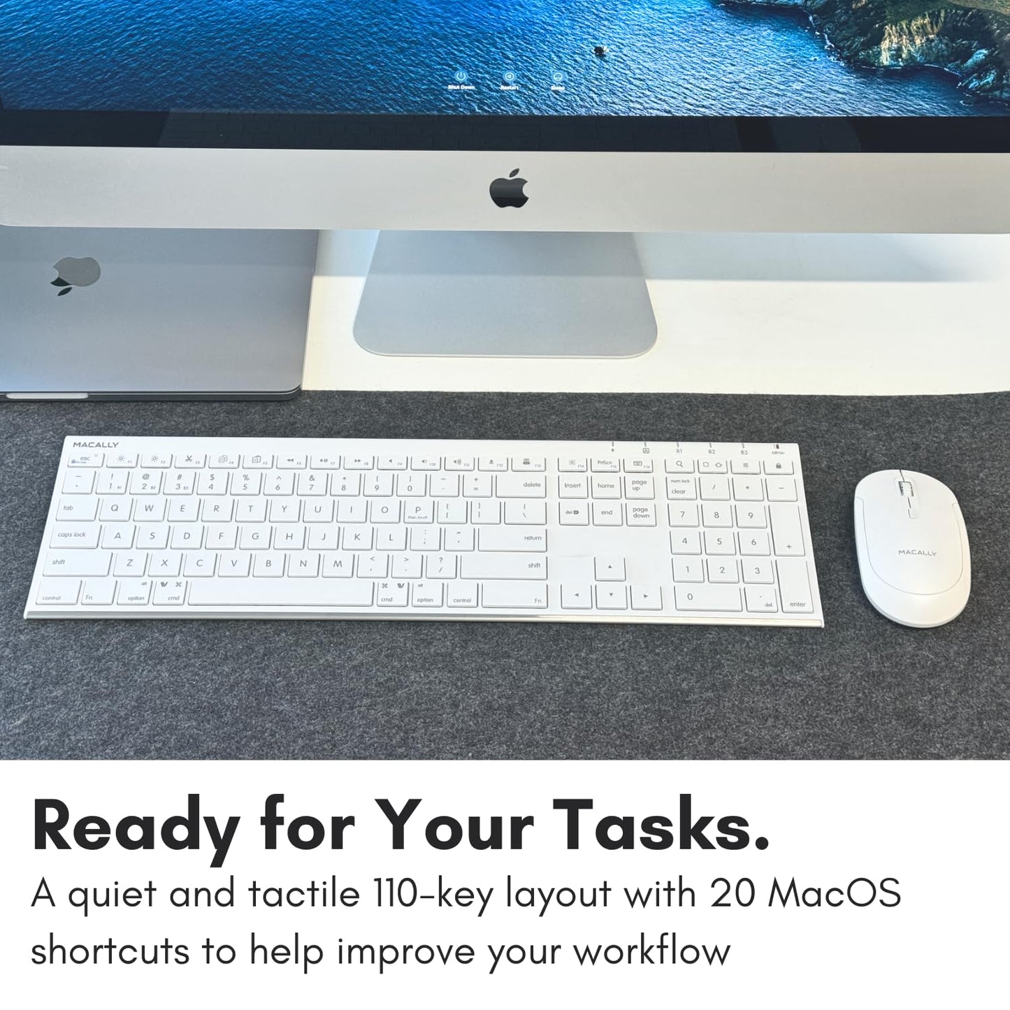 Macally Wireless Bluetooth Keyboard for Mac - Compatible Apple Keyboard or MacBook Pro/Air, iMac - Multi-Device, Up to 3 Devices with 110 Keys, 20 Shortcuts, Numeric Keypad, and Rechargeable - Silver