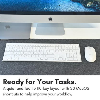 Macally Wireless Bluetooth Keyboard for Mac - Compatible Apple Keyboard or MacBook Pro/Air, iMac - Multi-Device, Up to 3 Devices with 110 Keys, 20 Shortcuts, Numeric Keypad, and Rechargeable - Silver