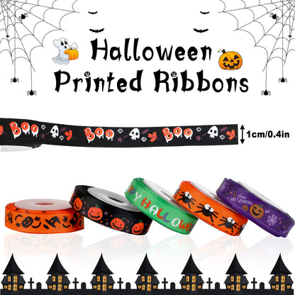 SANNIX 18 Rolls 90 Yards Halloween Ribbon Printed Grosgrain Ribbons 3/8″ Wide DIY Craft Fabric for Halloween Party Decor Gift Wrapping Ribbon