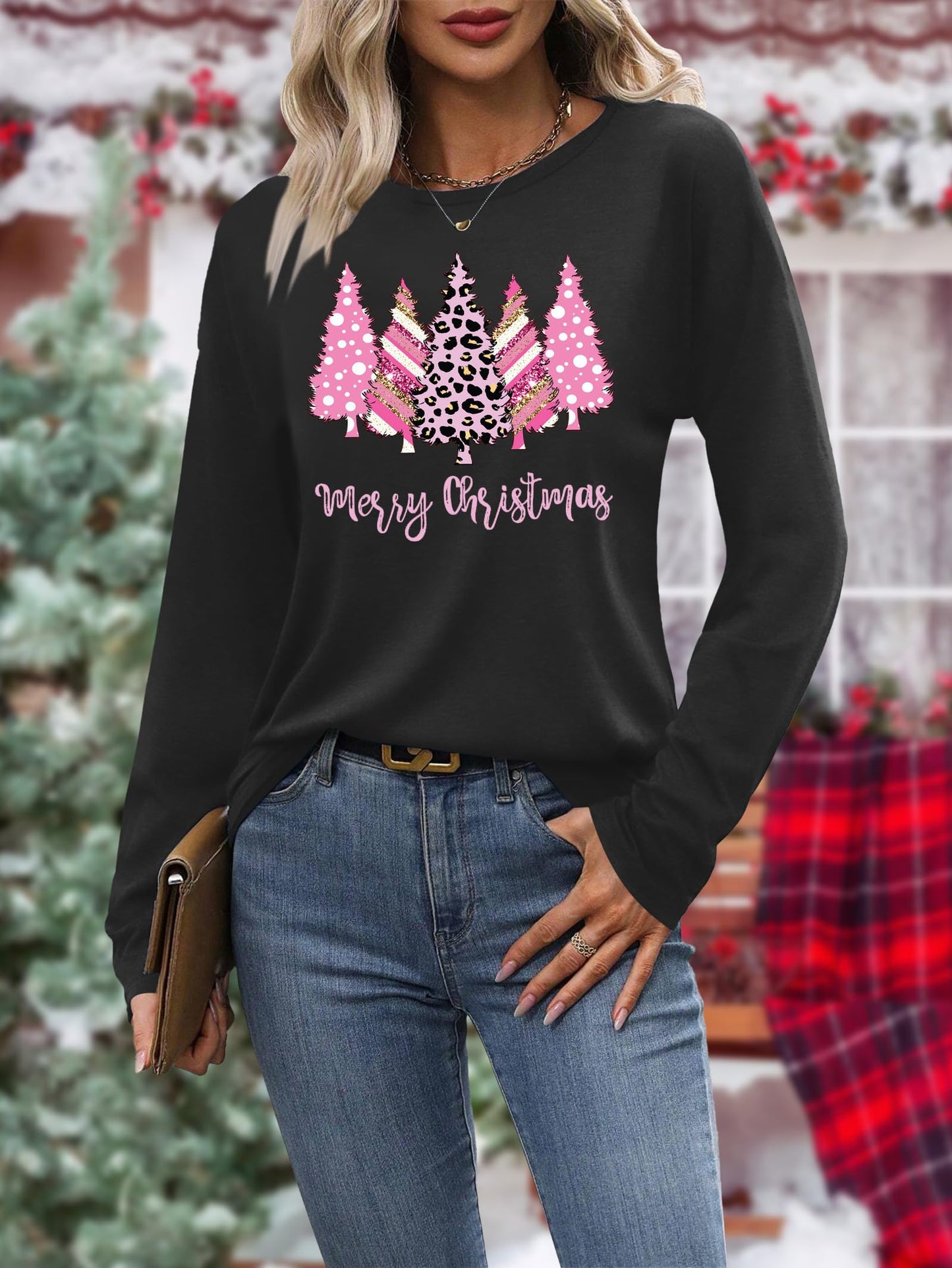 HQP Christmas Shirts for Women: Long Sleeve Christmas Shirts Xmas Tree Graphic Vacation Tees Tops