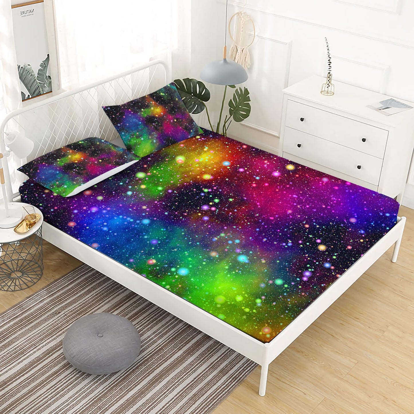 NiuOne Galaxy Fitted Sheet Set Rainbow Space Sheet Set for Girls and Boys Twin Bed 2PCS 1 Deep Pocket Sheets with 1 Pillowcases Wrinkle Free Microfiber(16,Twin)