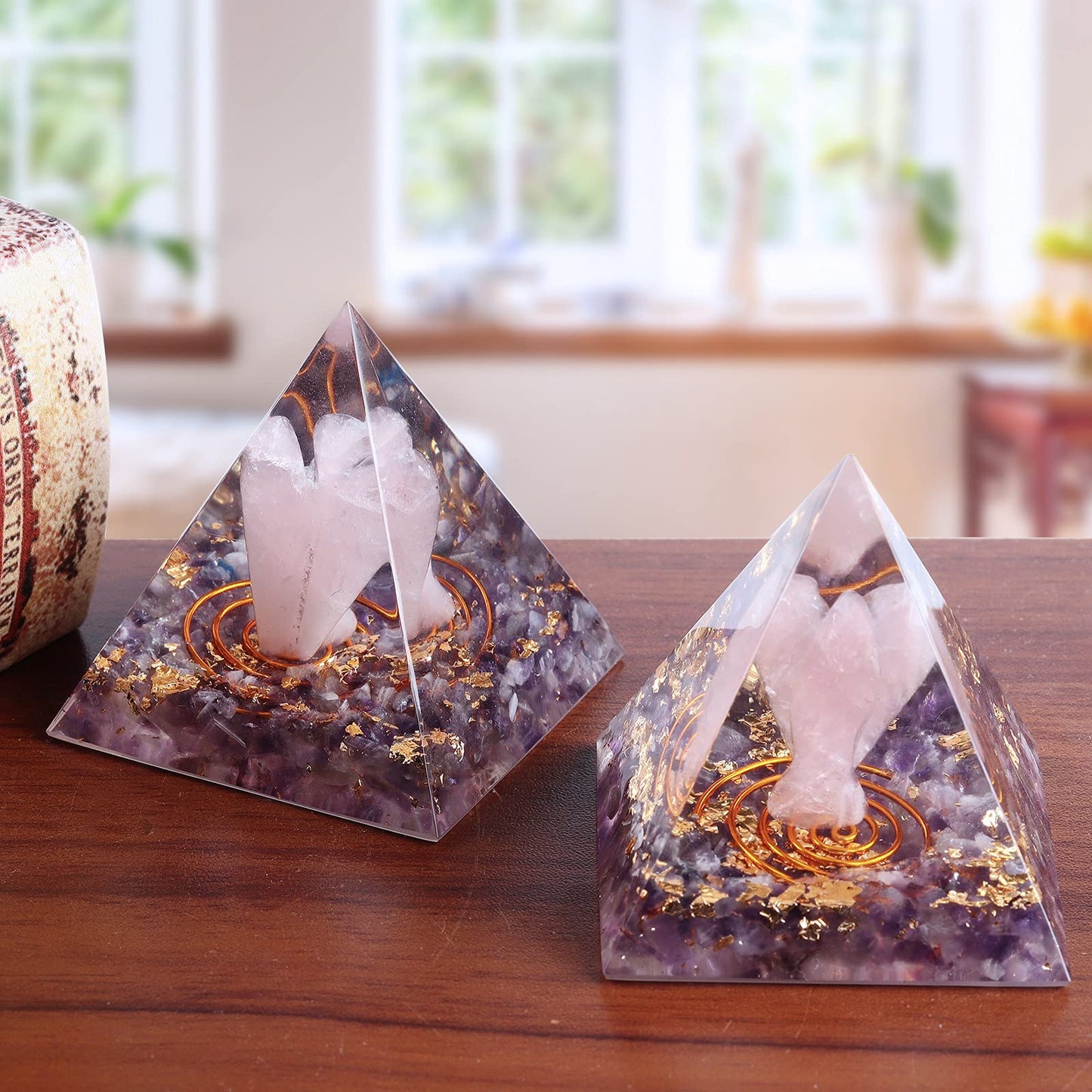 mookaitedecor Amethyst Crystal Orgone Pyramid with Rose Quartz Guardian Angel and Tumbled Stones Orgonite Energy Generator for Protection Reiki Home Decor
