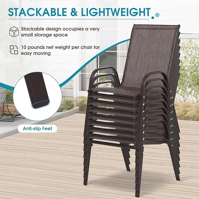Outdoor Stackable Chairs Set of 8, Stacking Patio Chairs with Textilene Fabric, Outside Furniture for Garden Backyard Balconie Poolside Deck, Brown